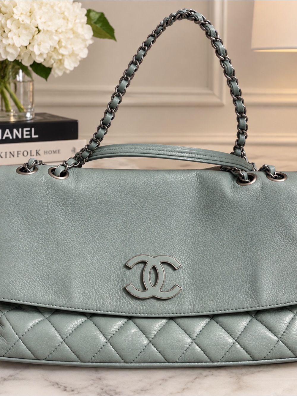 CHANEL Quilted Leather Shoulder Bag in Sage Blue